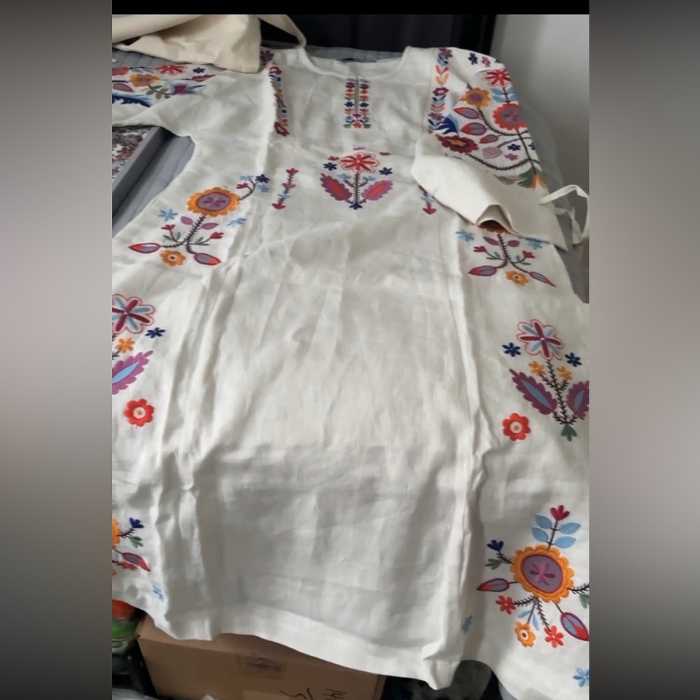 Ukrainian brand linen floral beige dress ETNODIM - Picture 7 of 8